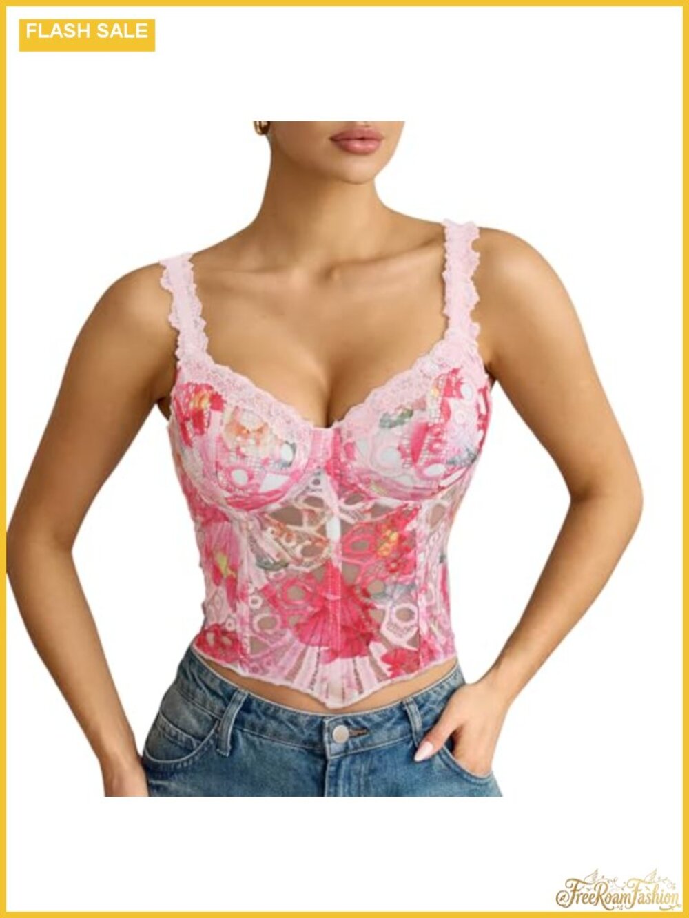 Lace Corset Top Sheer Floral Bustier Lace-Up Bralette Club Party Crop